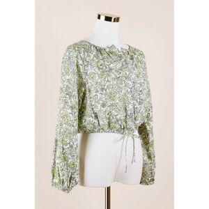 Sz XS J. Crew 100% Linen Green Long Sleeve Crop Top In Tossed Floral EUC